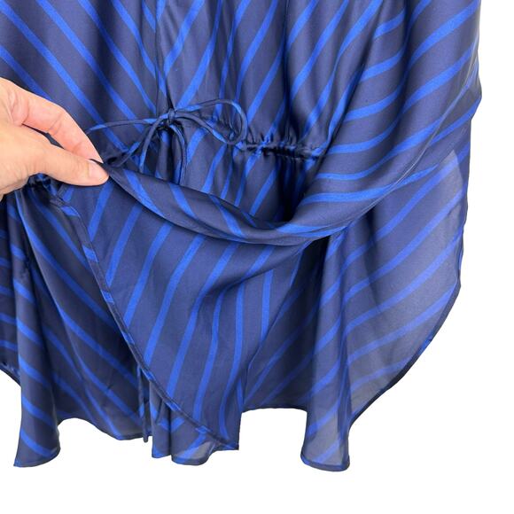 Lauren Ralph Lauren S/M Blue Stripe Kimono Sleeve Drawstring Satin Tunic Blouse - Picture 7 of 9